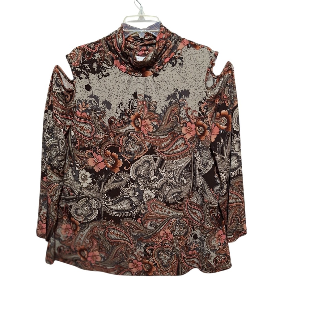 Susan Graver Printed Liquid Knit Cold Shoulder Turtleneck Top Size 2X Paisley